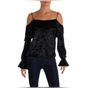Black Aqua Crushed Velvet cold shoulder  bell sleeve top size M